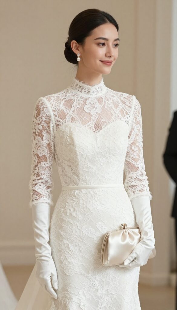 9. High-Neck Dress with Elbow-Length Gloves