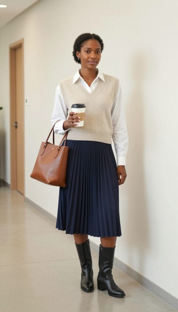 5. Sweater Vest + Button-Down + Pleated Skirt