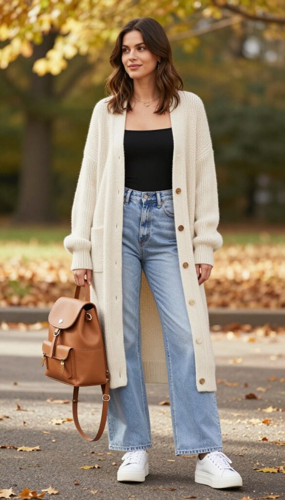 4. Cardigan and Wide-Leg Jeans
