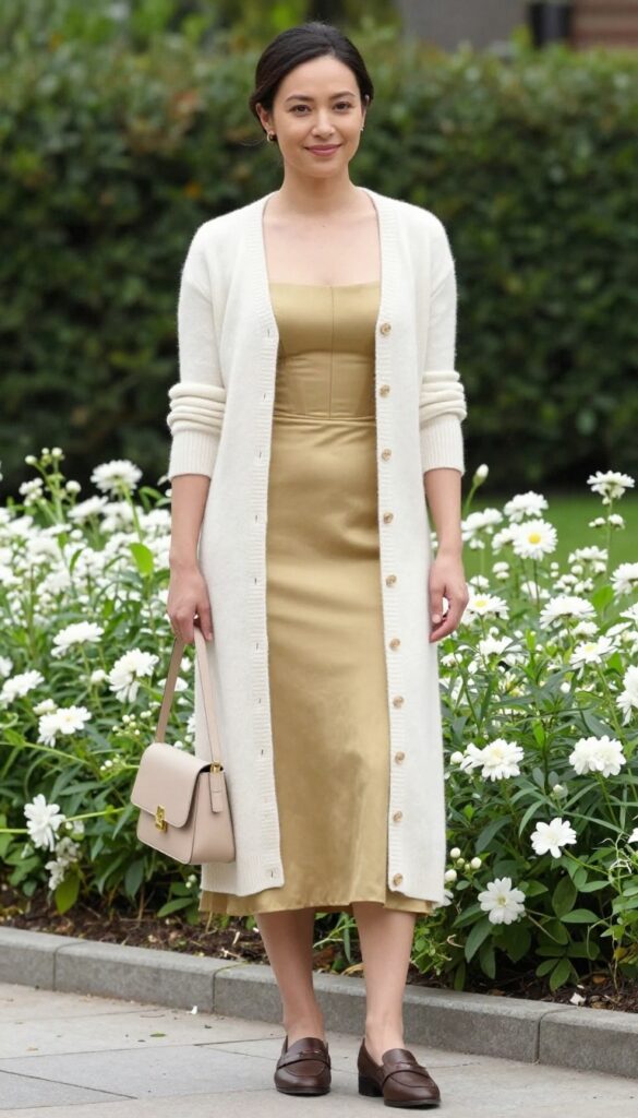 Woman in gold corset dress with cream cropped cardigan and loafers at garden wedding