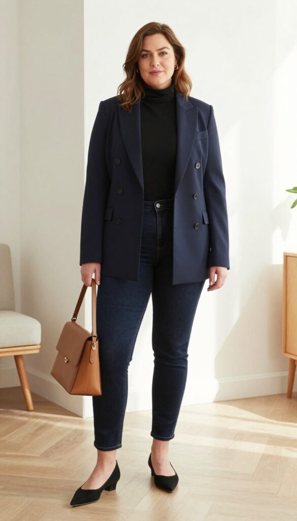 4. Double-Breasted Blazer with High-Waisted Skinny Jeans