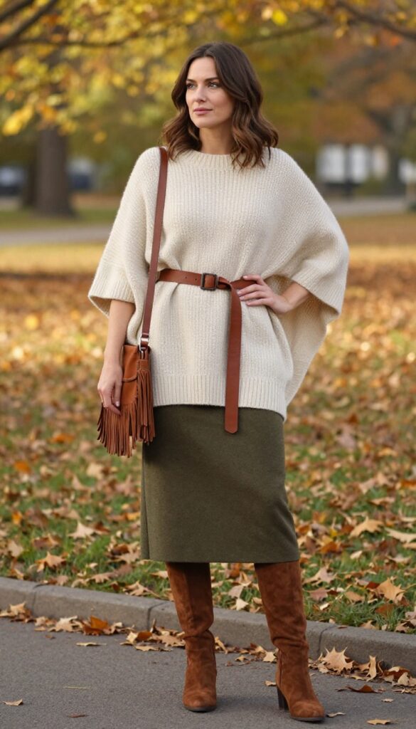 14. Poncho + Wide-Belt + A-Line Maxi Skirt + Ankle Boots