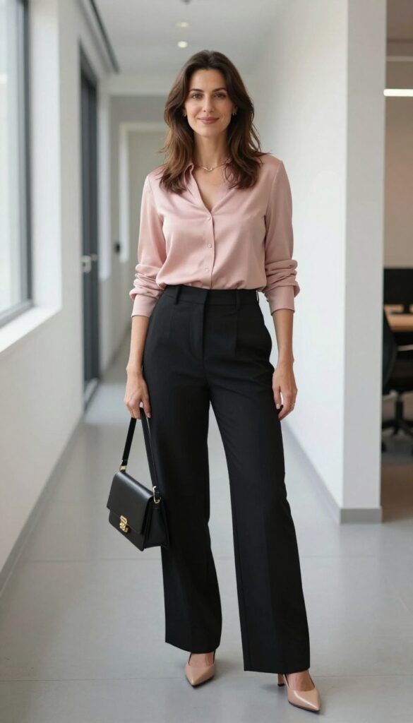 3. Silk Blouse + Black Wide-Leg Trousers + Pointed Flats