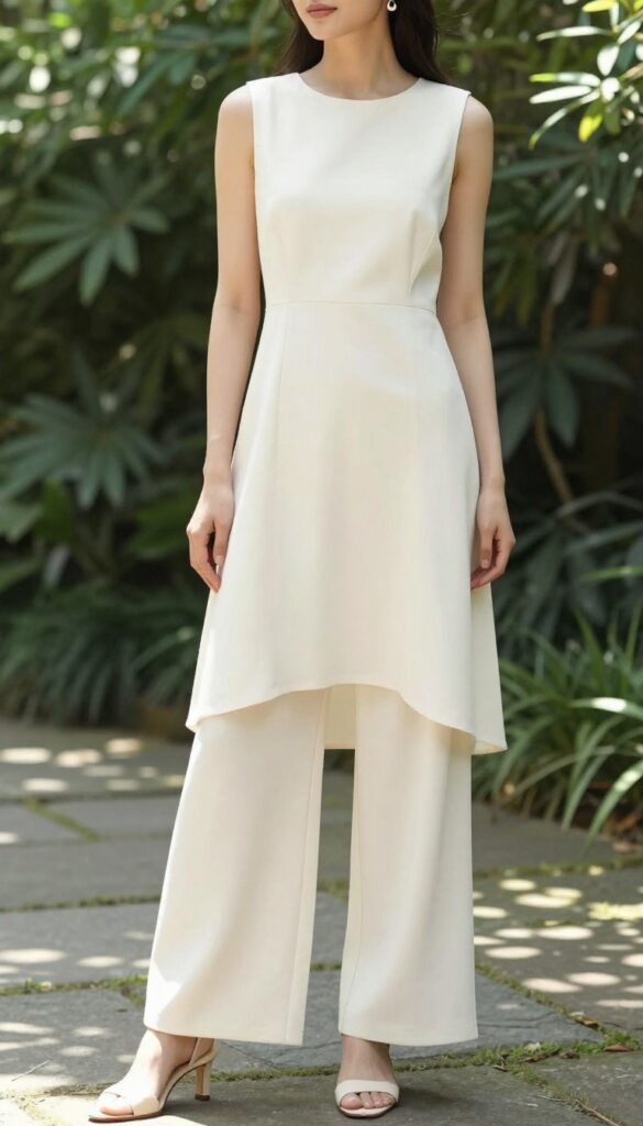 A relaxed bride in a knee-length ivory tunic dress over matching wide-leg pants, standing in a sunlit garden with minimal jewelry and heeled mules.