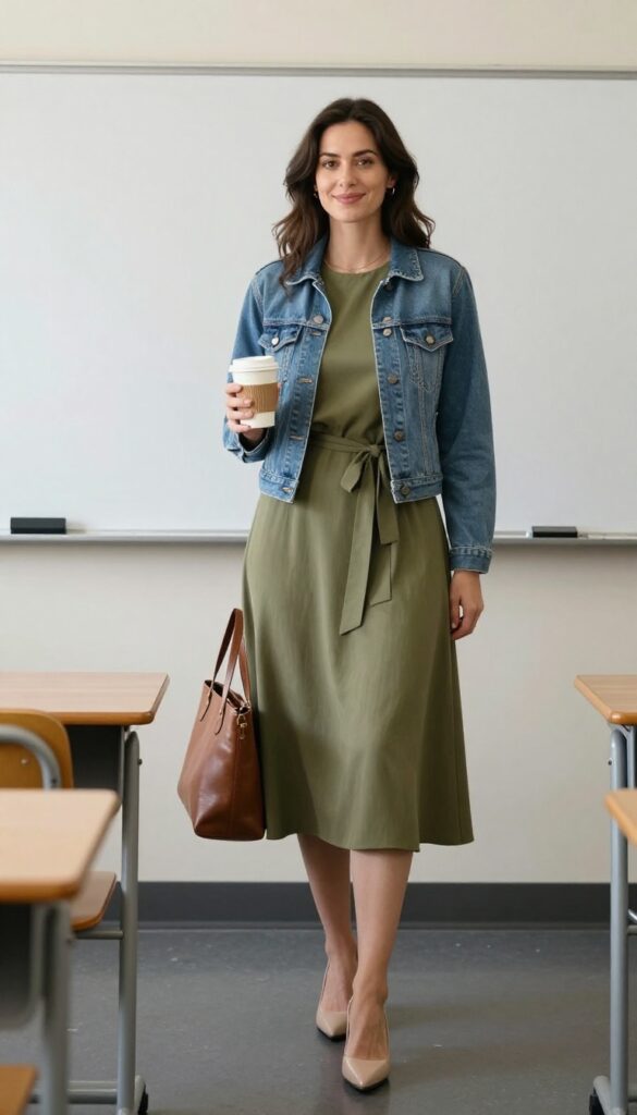 2. Midi Dress + Denim Jacket + Block Heels