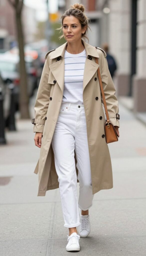 7. Beige Trench Coat + Breton Stripe Top + White Jeans