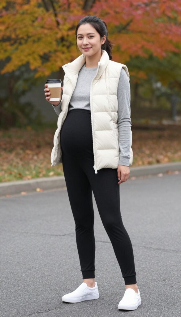 9. Puffer Vest with a Long-Sleeve Tee and Maternity Joggers