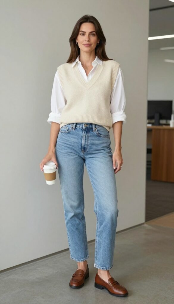 2. Knit Vest + Button-Down + Straight-Leg Jeans