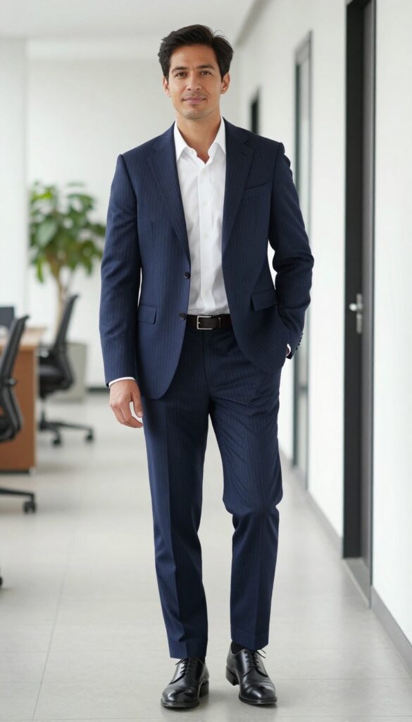 13. Patterned Suit (Pinstripe or Plaid) with a Solid Tie