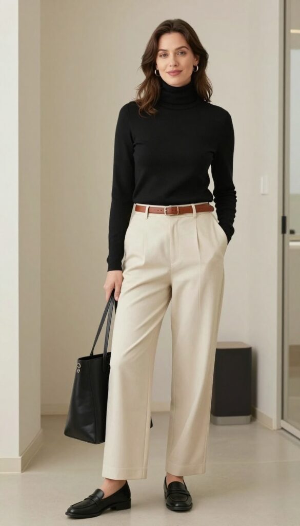 3. High-Waist Trousers with a Fitted Turtleneck
