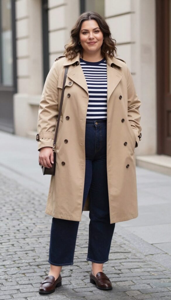 10. Tan Trench Coat + Striped Breton Top + Straight-Leg Jeans