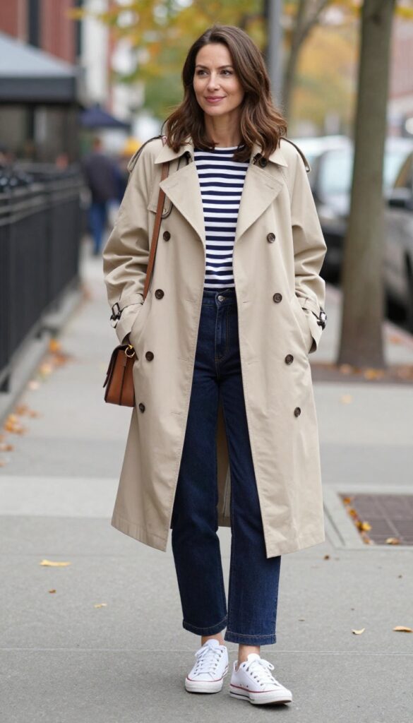 4. Trench Coat + Striped Breton Top + Dark Wash Jeans + White Sneakers