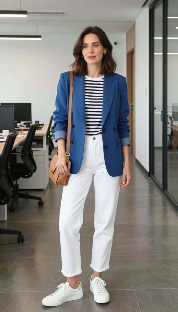3. Blue Blazer + Striped Breton Top + White Jeans + Sneakers