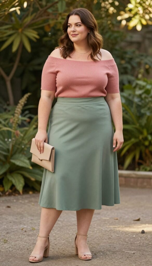 2. Off-the-Shoulder Top with High-Waisted Skirt