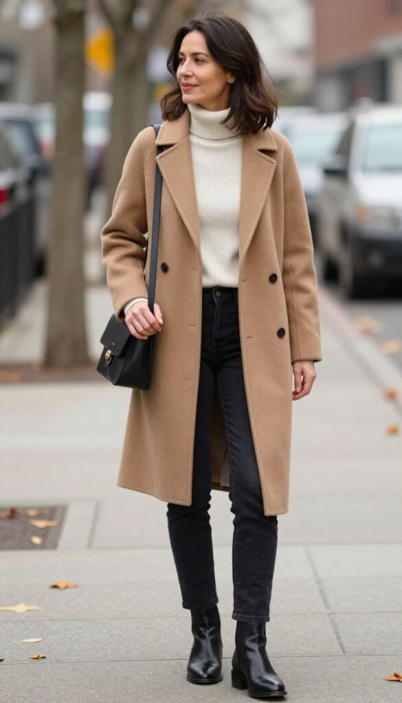 1. Camel Coat and Cream Turtleneck