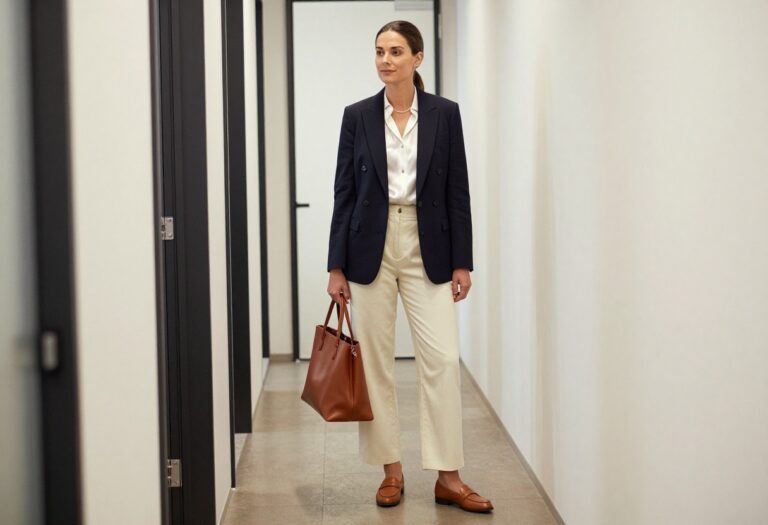 Midsize woman in navy blazer and cream wide-leg trousers standing in office hallway