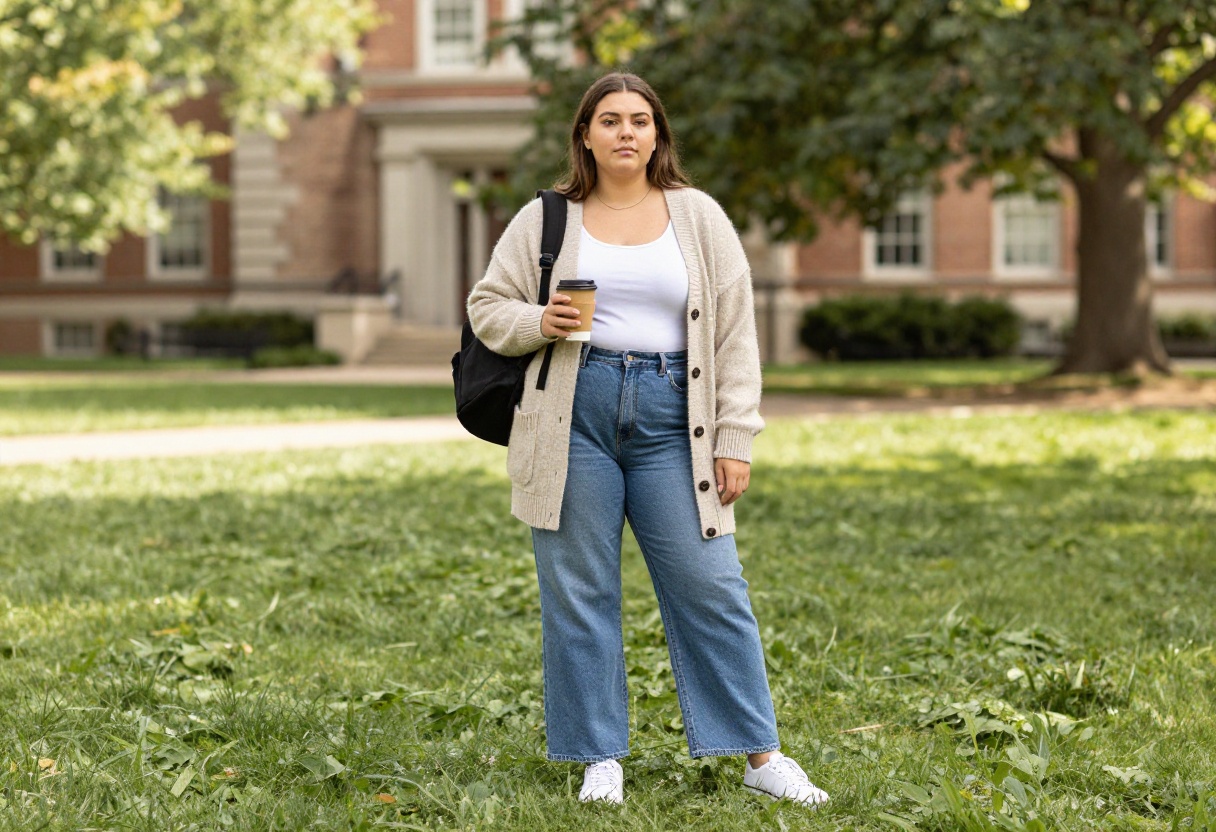 Plus size woman in cozy cardigan and wide-leg jeans on campus