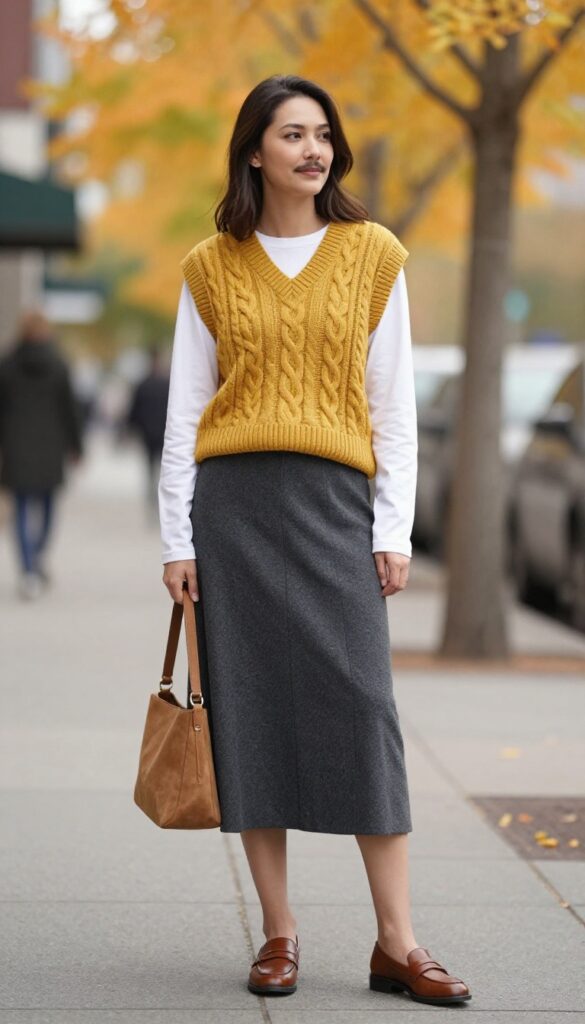 7. Knit Vest Layered Over a Long-Sleeve Tee with Pleated Skirt