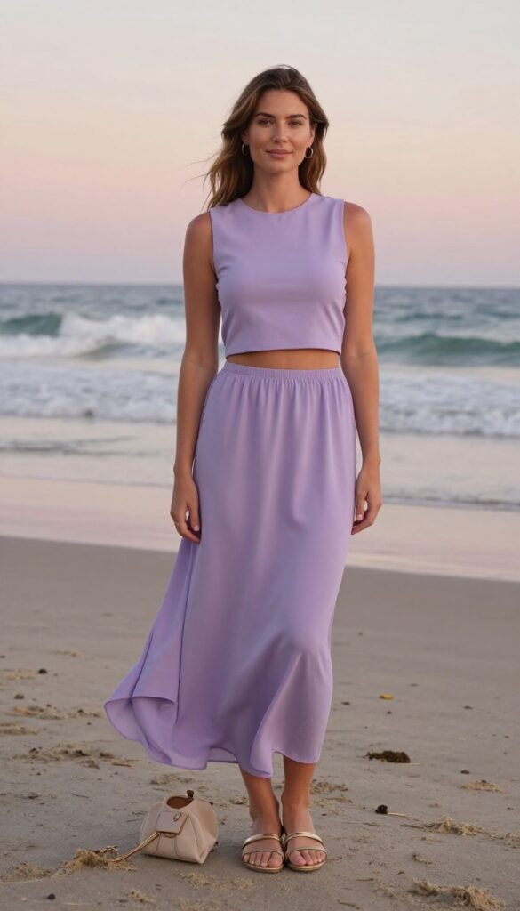 Woman in lavender two-piece set on beach at golden hour