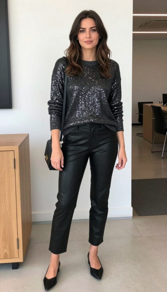 3. Sequin Knit Sweater with Leather Pants