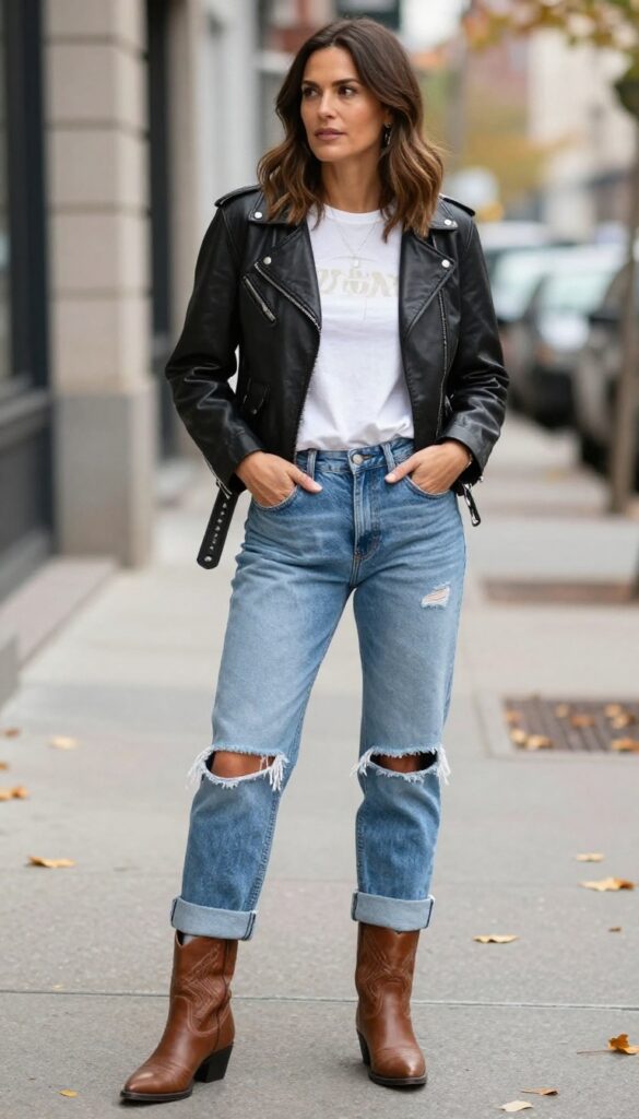 6. Leather Jacket + Graphic Tee + Ripped Jeans + Cowboy Boots