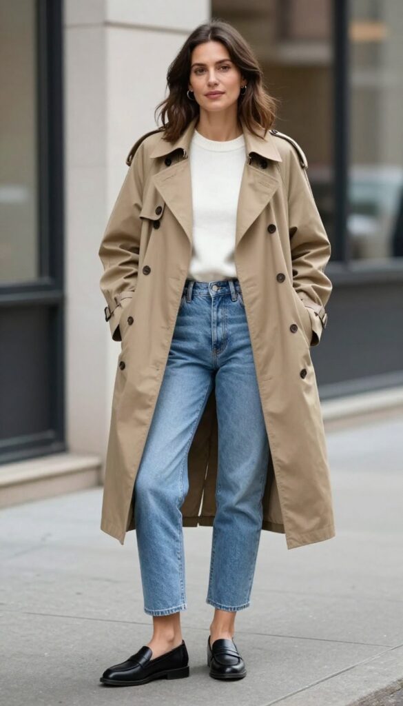 6. Trench Coat + Cropped Jeans + Loafers