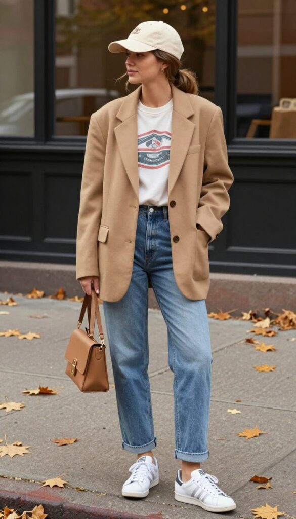 9. Graphic Tee + Blazer + Mom Jeans + White Sneakers