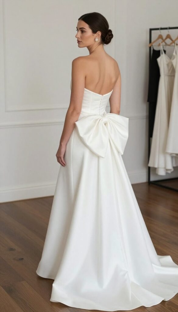 Bride in minimalist white satin wedding gown with oversized bow at back, updo, pearl studs, standing in bright elegant venue with tall windows, looking over shoulder.