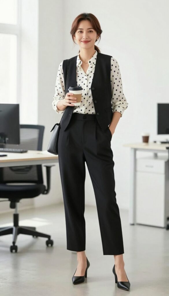 6. Black Vest + Printed Blouse + Wide-Leg Trousers