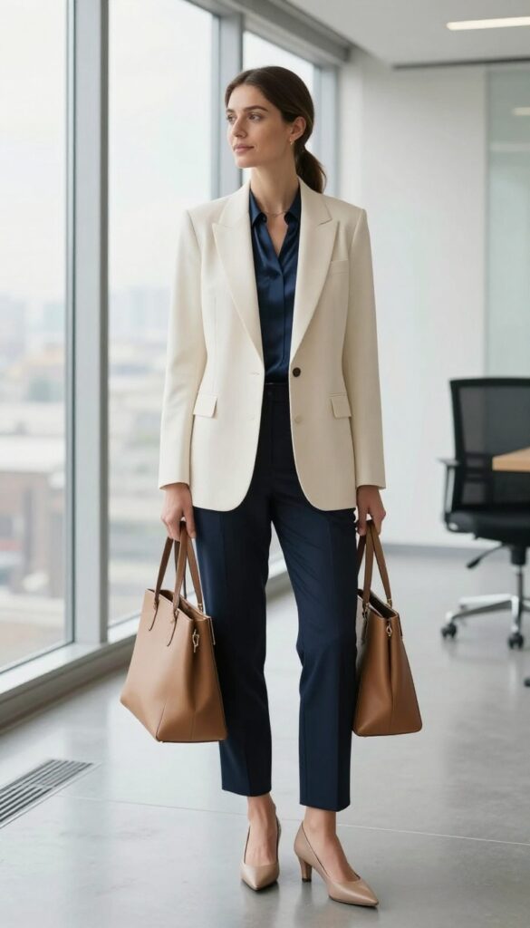1. Cream Blazer + Navy Trousers + Silk Shell
