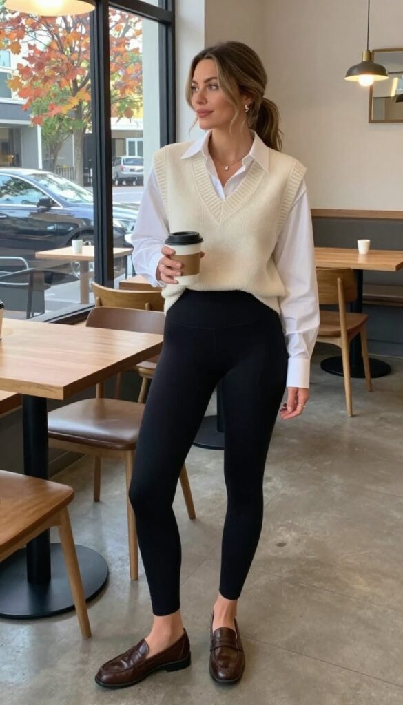 7. Button-Up Shirt + Knit Vest + Leggings + Loafers