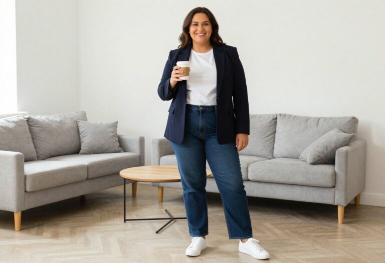 Plus size woman wearing a navy blazer with white tee and straight-leg jeans, standing in a bright living room
