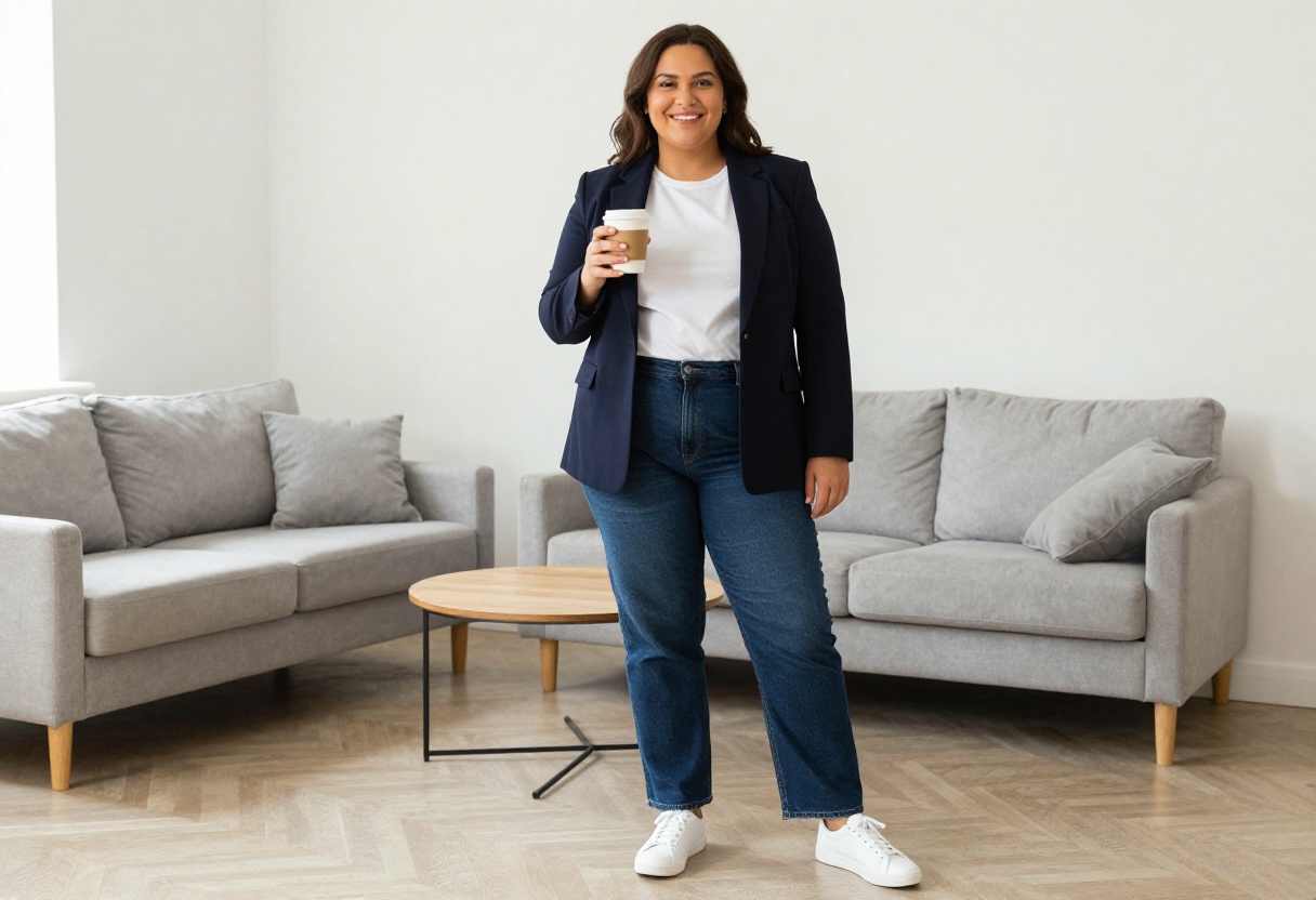 Plus size woman wearing a navy blazer with white tee and straight-leg jeans, standing in a bright living room