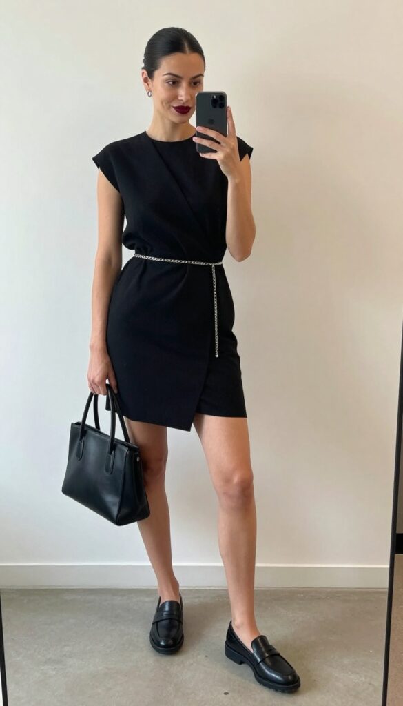 8. Black Wrap Dress + Chain Belt + Lug-Sole Loafers
