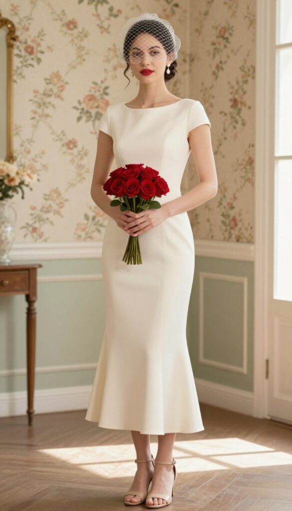 A woman in a vintage-inspired cap sleeves wedding dress with birdcage veil and red lipstick, standing in a sunlit vintage parlor.