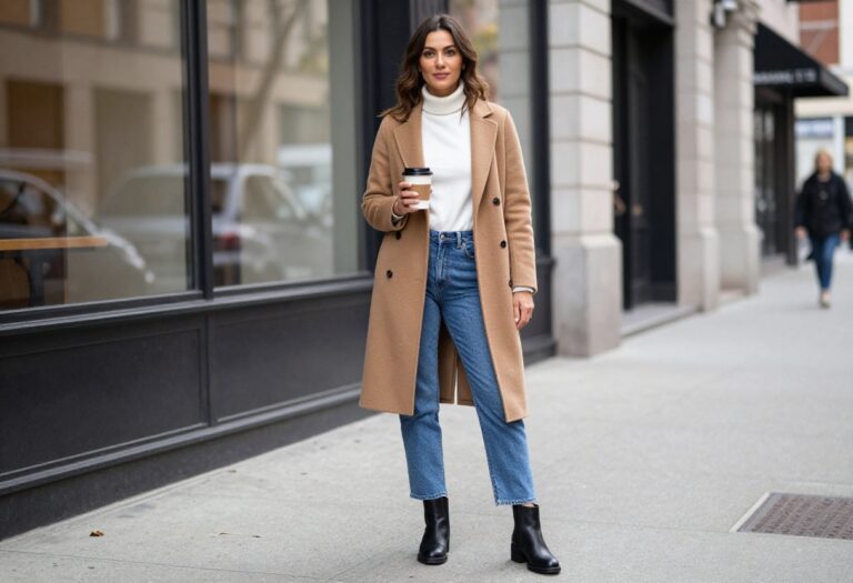 Woman in camel coat, white turtleneck, straight-leg jeans, and ankle boots on a fall city street