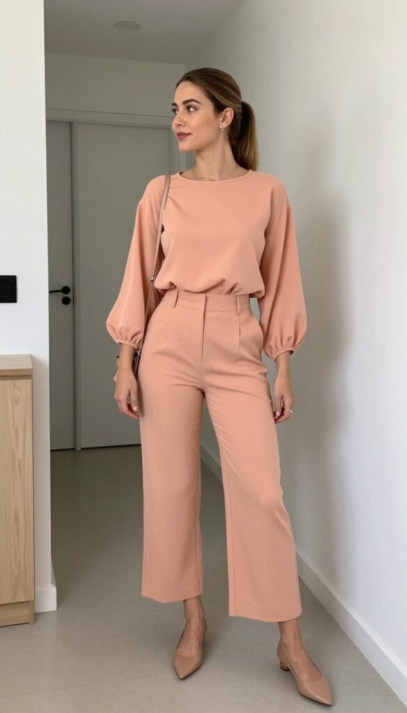 2. Over-the-Bump Trousers with a Flowy Blouse