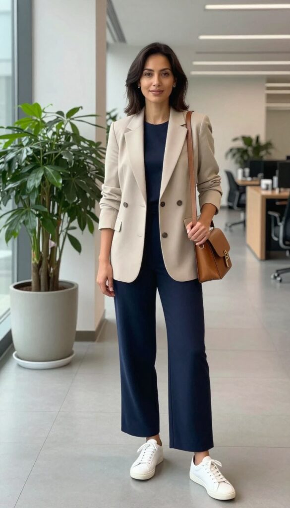 7. Jumpsuit + Structured Blazer + Minimal Sneakers