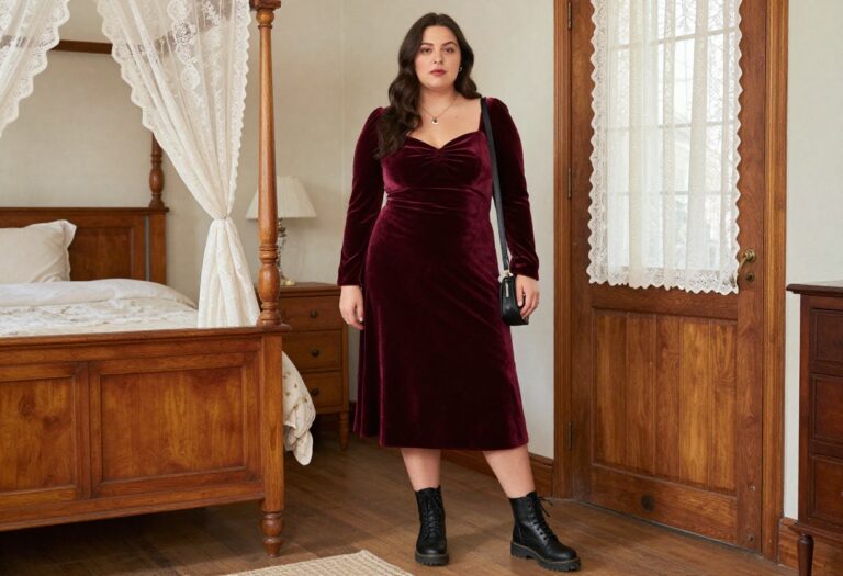 Plus size woman in burgundy velvet midi dress and combat boots, witchy dark romantic style