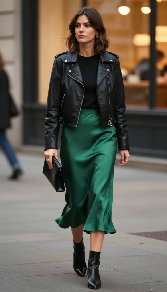 13. Satin Midi Skirt with Leather Jacket and Pointed Booties