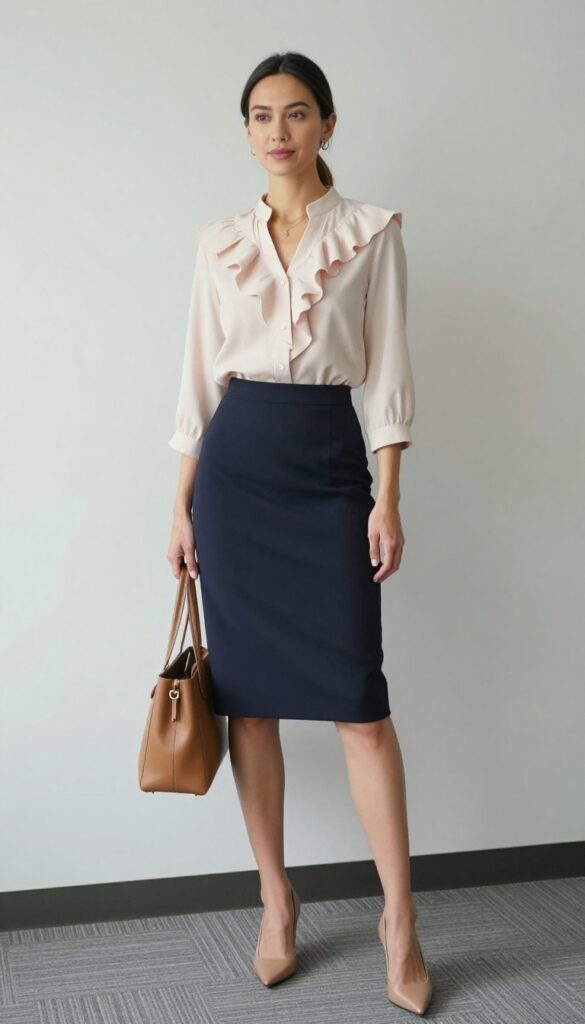 2. Ruffle Blouse + A-Line Skirt + Kitten Heels