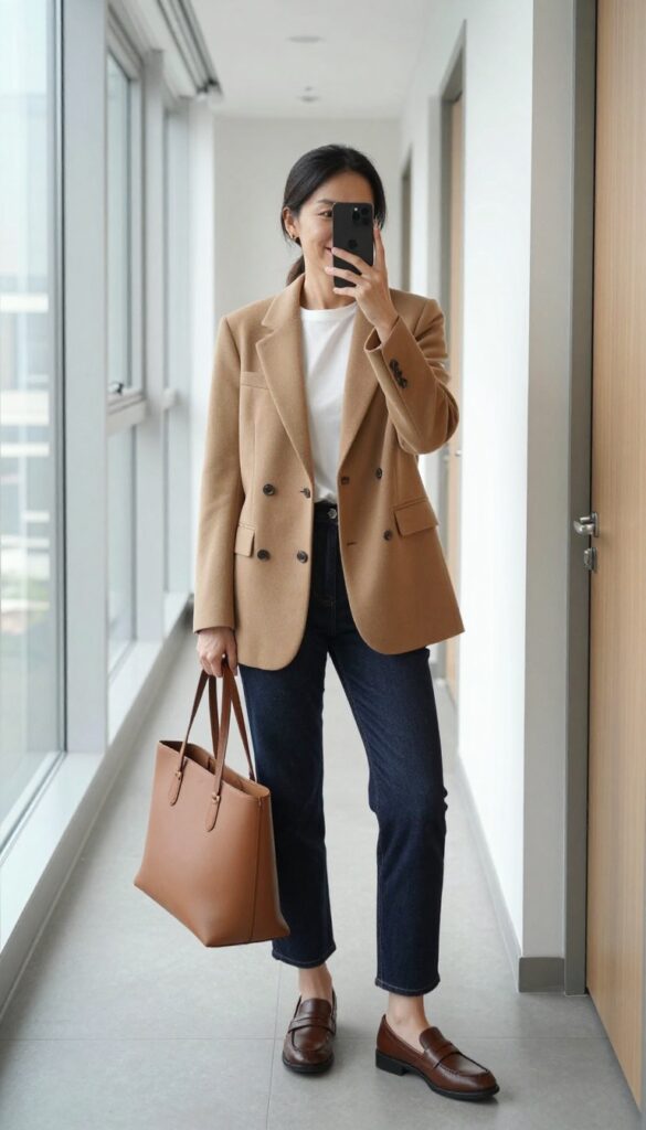 1. Camel Blazer + White Tee + Straight-Leg Jeans
