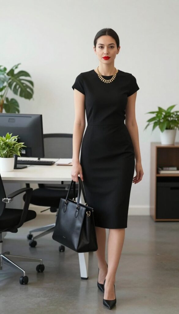 6. The Shift Dress with a Statement Necklace and Pumps