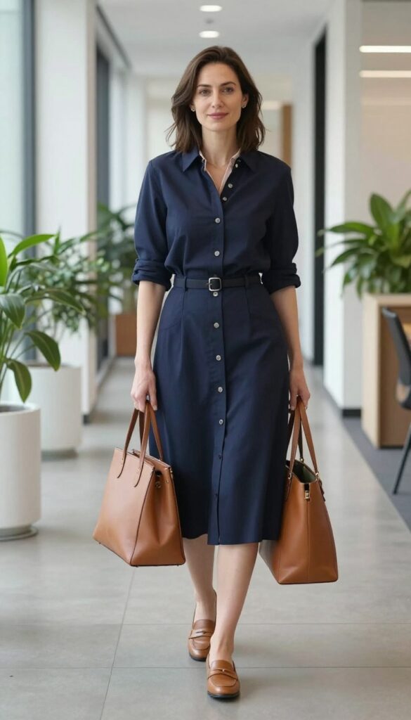 4. Button-Front Midi Skirt with a Soft Blouse