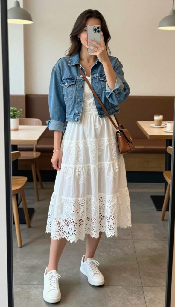 Young woman in lacy wedding dress with denim jacket and sneakers at café