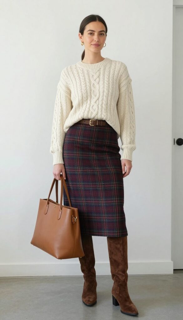 15. Ivory Sweater + Plaid Midi Skirt + Tall Boots