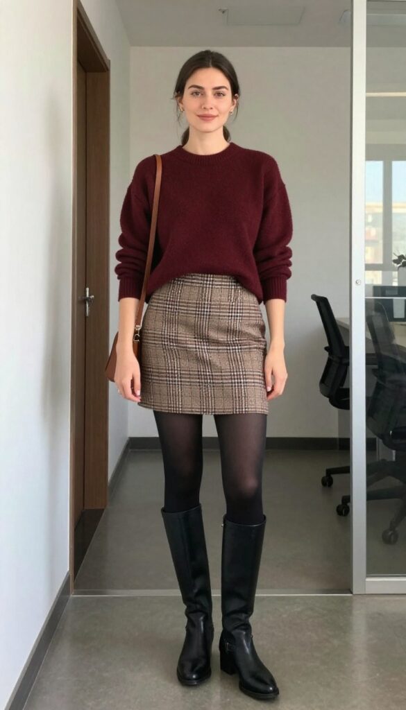 4. Burgundy Sweater + Plaid Midi Skirt + Black Tights + Black Knee-High Boots