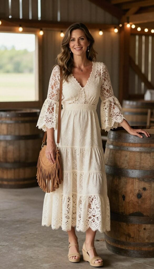 Woman in boho lace maxi dress with fringe bag at barn wedding