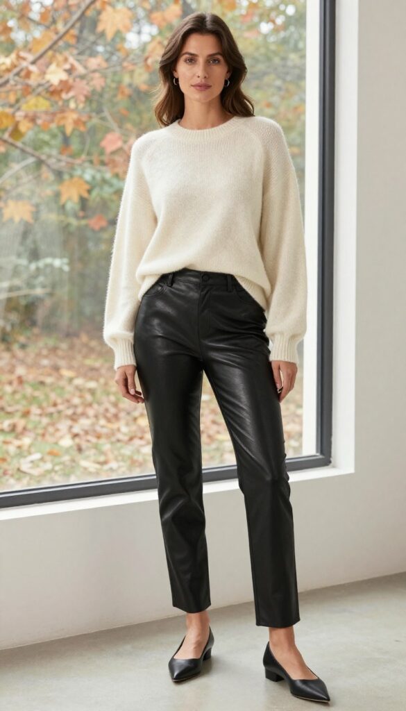 6. Leather Trousers + Cashmere Sweater + Pointed Flats