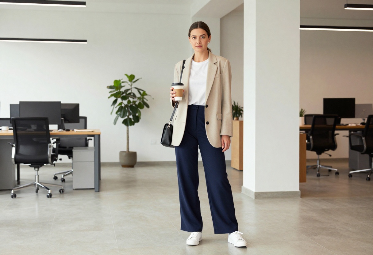 Woman in oversized blazer, wide-leg trousers, and white sneakers in a modern office lobby